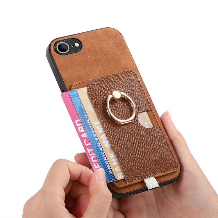 For iPhone 17e / 16e Retro Cross Leather Ring Side Insert Card Bag MagSafe Phone Case