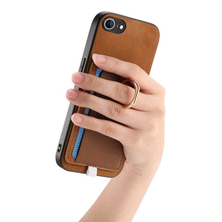 For iPhone 17e / 16e Retro Cross Leather Ring Side Insert Card Bag MagSafe Phone Case