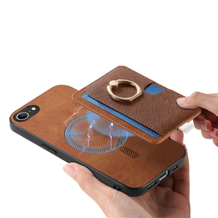 For iPhone 17e / 16e Retro Cross Leather Ring Side Insert Card Bag MagSafe Phone Case