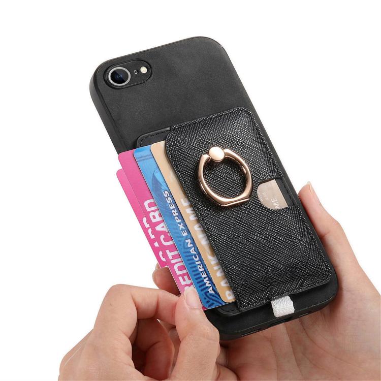 For iPhone 17e / 16e Retro Cross Leather Ring Side Insert Card Bag MagSafe Phone Case