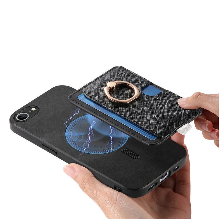 For iPhone 17e / 16e Retro Cross Leather Ring Side Insert Card Bag MagSafe Phone Case