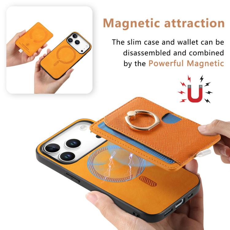 For iPhone 17 Pro Retro Cross Leather Ring Side Insert Card Bag MagSafe Phone Case