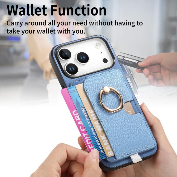 For iPhone 17 Pro Retro Cross Leather Ring Side Insert Card Bag MagSafe Phone Case