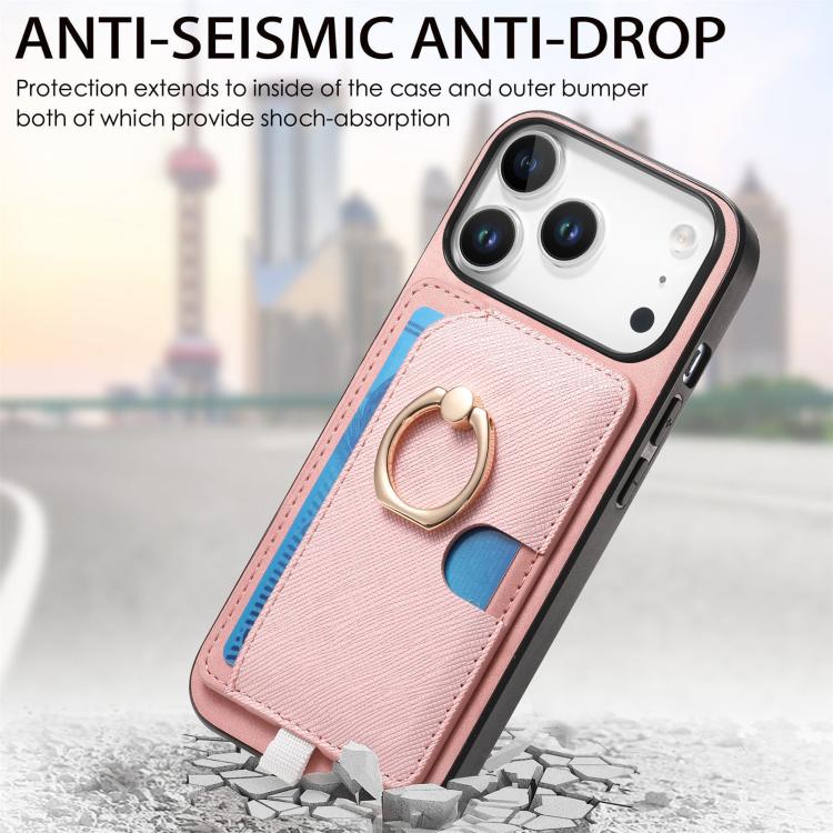 For iPhone 17 Pro Retro Cross Leather Ring Side Insert Card Bag MagSafe Phone Case