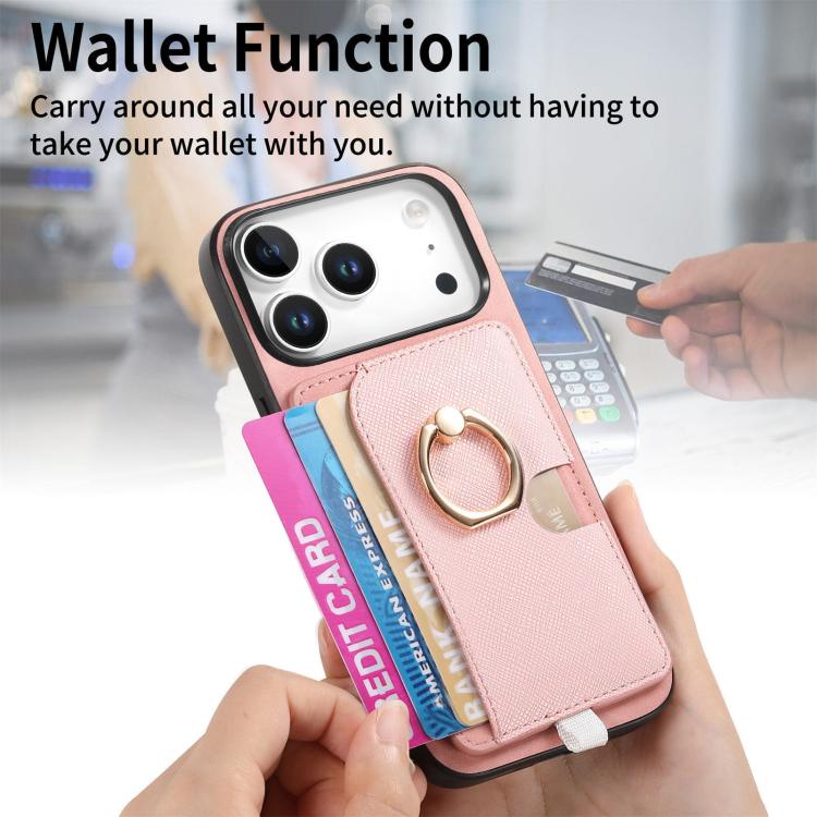 For iPhone 17 Pro Retro Cross Leather Ring Side Insert Card Bag MagSafe Phone Case