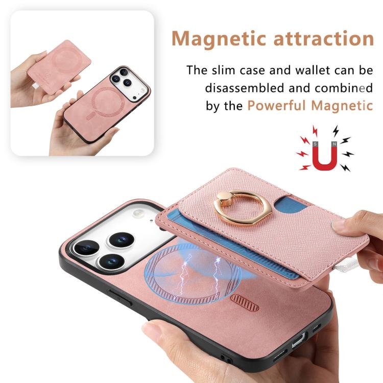 For iPhone 17 Pro Retro Cross Leather Ring Side Insert Card Bag MagSafe Phone Case