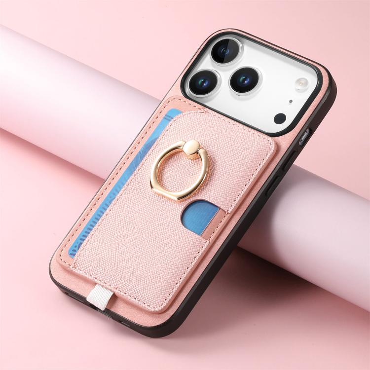For iPhone 17 Pro Retro Cross Leather Ring Side Insert Card Bag MagSafe Phone Case
