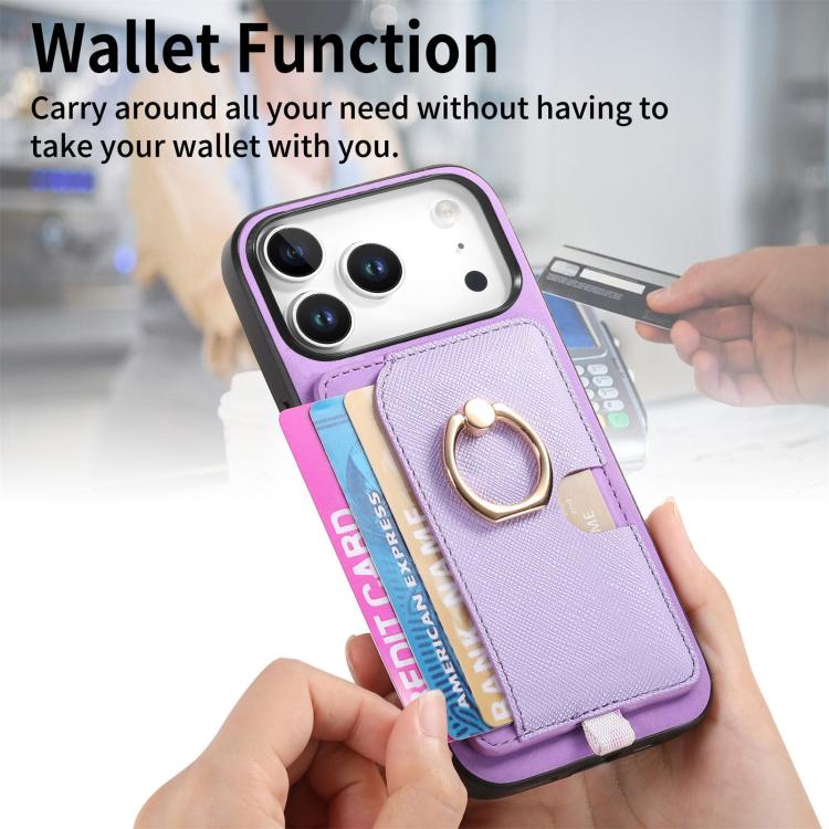 For iPhone 17 Pro Retro Cross Leather Ring Side Insert Card Bag MagSafe Phone Case