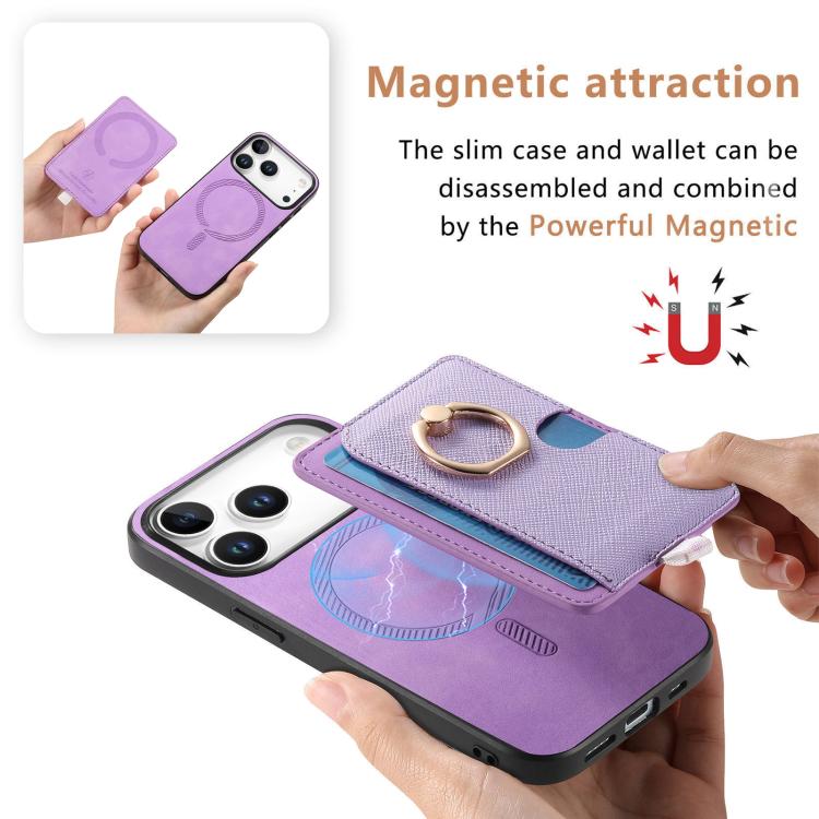 For iPhone 17 Pro Retro Cross Leather Ring Side Insert Card Bag MagSafe Phone Case