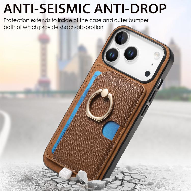 For iPhone 17 Pro Retro Cross Leather Ring Side Insert Card Bag MagSafe Phone Case