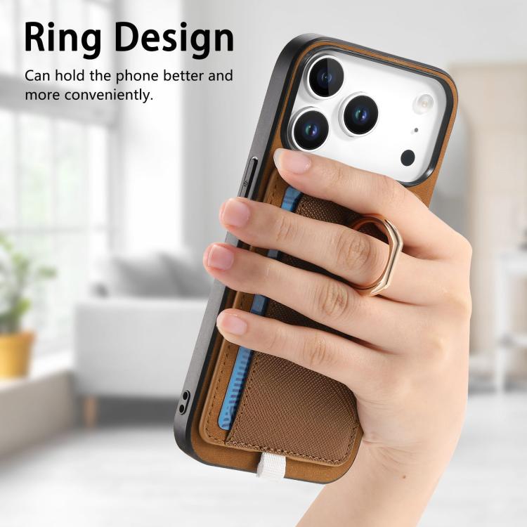 For iPhone 17 Pro Retro Cross Leather Ring Side Insert Card Bag MagSafe Phone Case