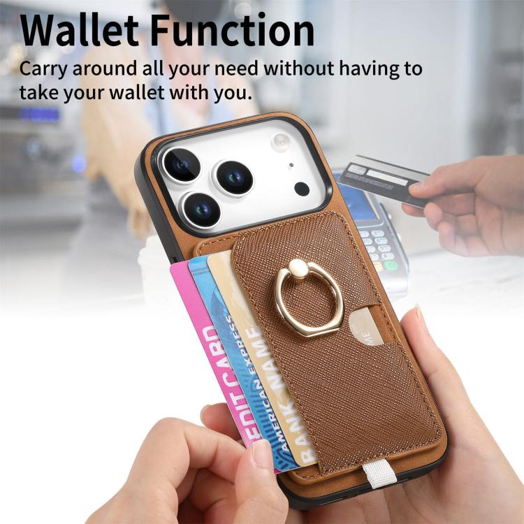 For iPhone 17 Pro Retro Cross Leather Ring Side Insert Card Bag MagSafe Phone Case