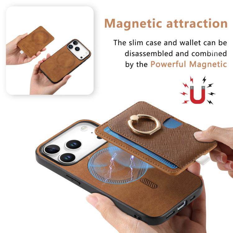 For iPhone 17 Pro Retro Cross Leather Ring Side Insert Card Bag MagSafe Phone Case