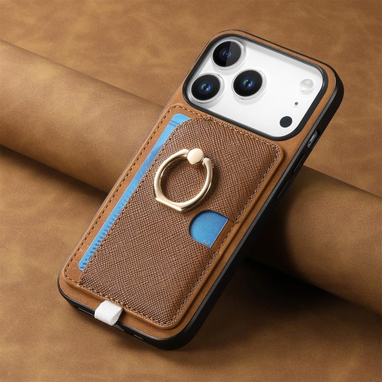 For iPhone 17 Pro Retro Cross Leather Ring Side Insert Card Bag MagSafe Phone Case