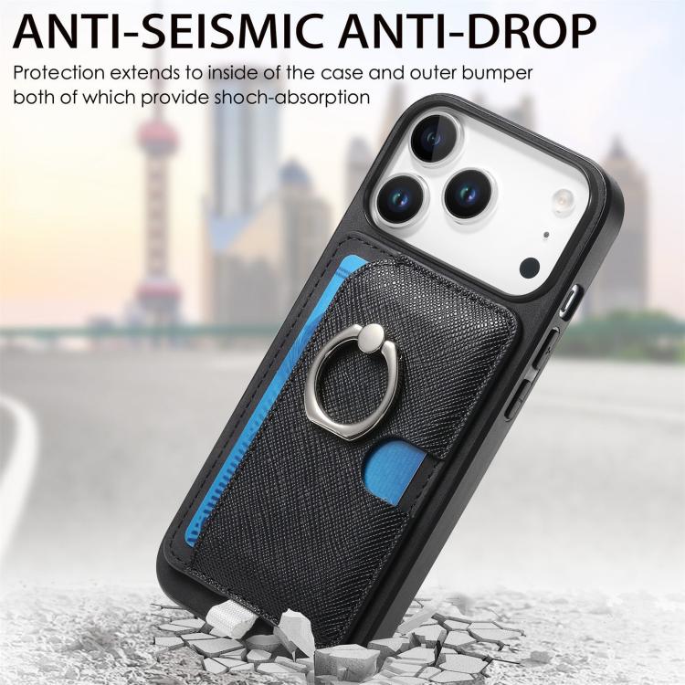 For iPhone 17 Pro Retro Cross Leather Ring Side Insert Card Bag MagSafe Phone Case