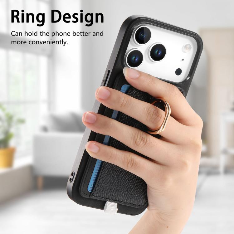 For iPhone 17 Pro Retro Cross Leather Ring Side Insert Card Bag MagSafe Phone Case