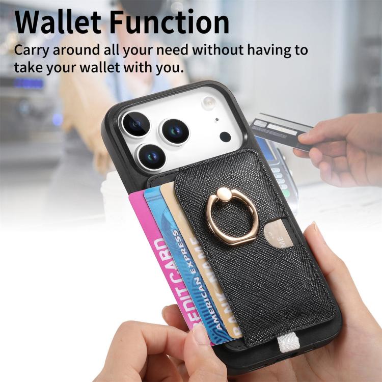 For iPhone 17 Pro Retro Cross Leather Ring Side Insert Card Bag MagSafe Phone Case