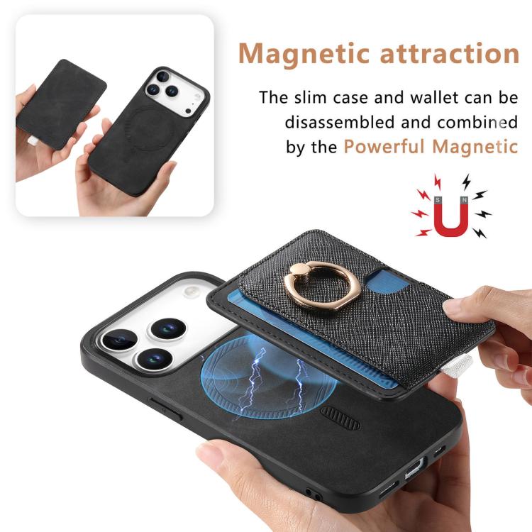 For iPhone 17 Pro Retro Cross Leather Ring Side Insert Card Bag MagSafe Phone Case