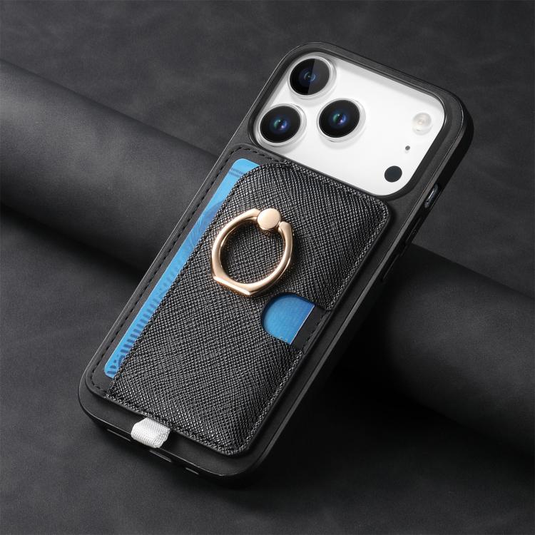 For iPhone 17 Pro Retro Cross Leather Ring Side Insert Card Bag MagSafe Phone Case