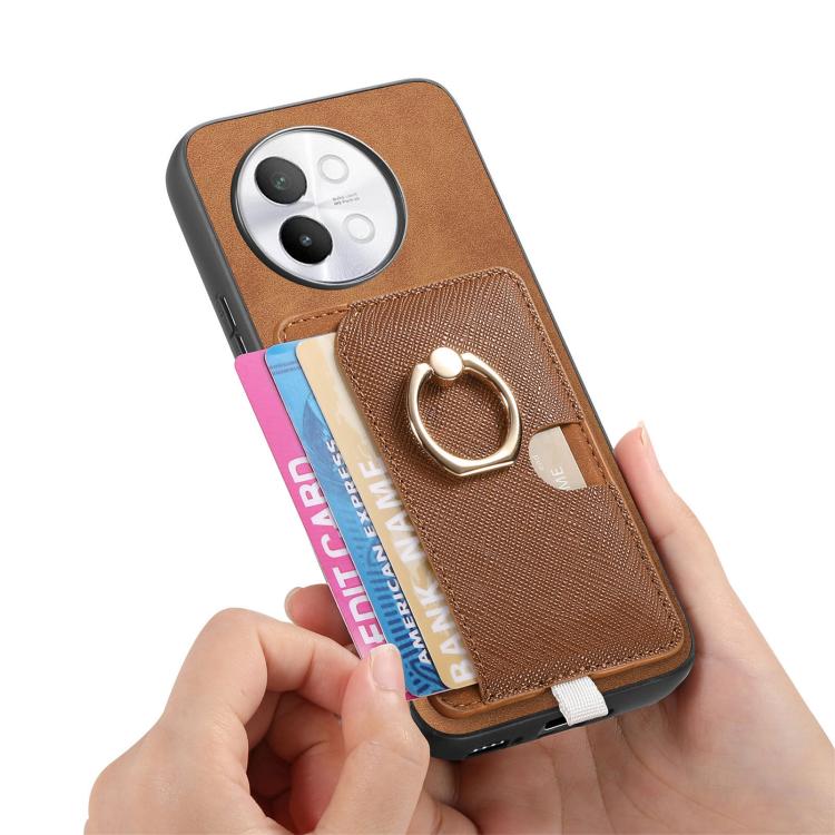 For vivo X100 5G Retro Cross Leather Ring Side Insert Card Bag MagSafe Phone Case