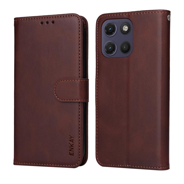 For Motorola Moto G67 5G / G77 5G ENKAY Card Wallet Calf Texture Leather Phone Case with Screen Film