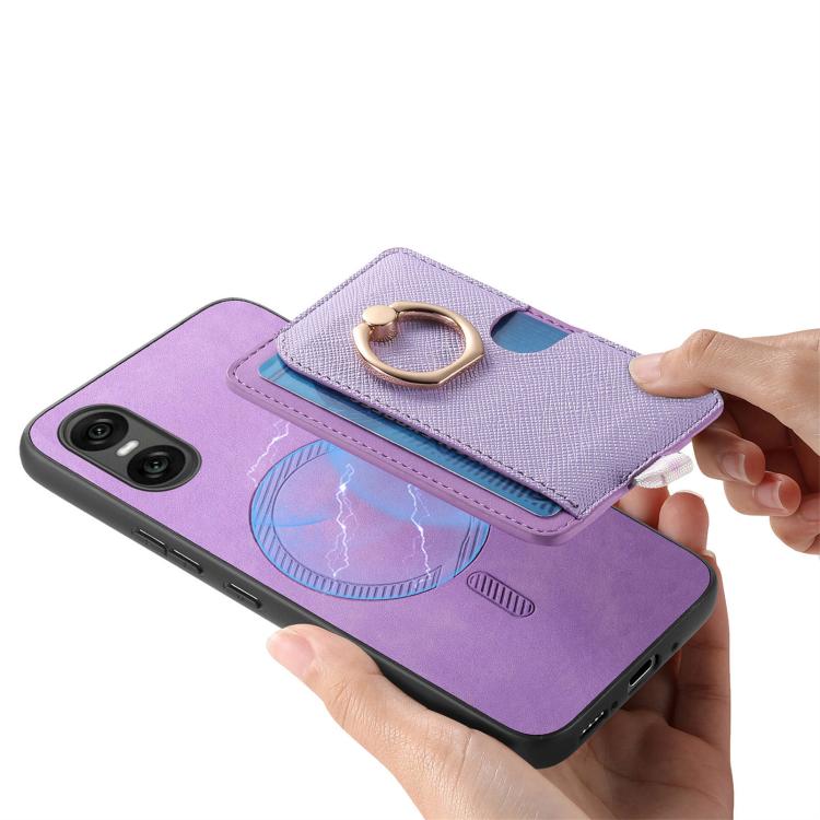 For Sony Xperia 5 V Retro Cross Leather Ring Side Insert Card Bag MagSafe Phone Case