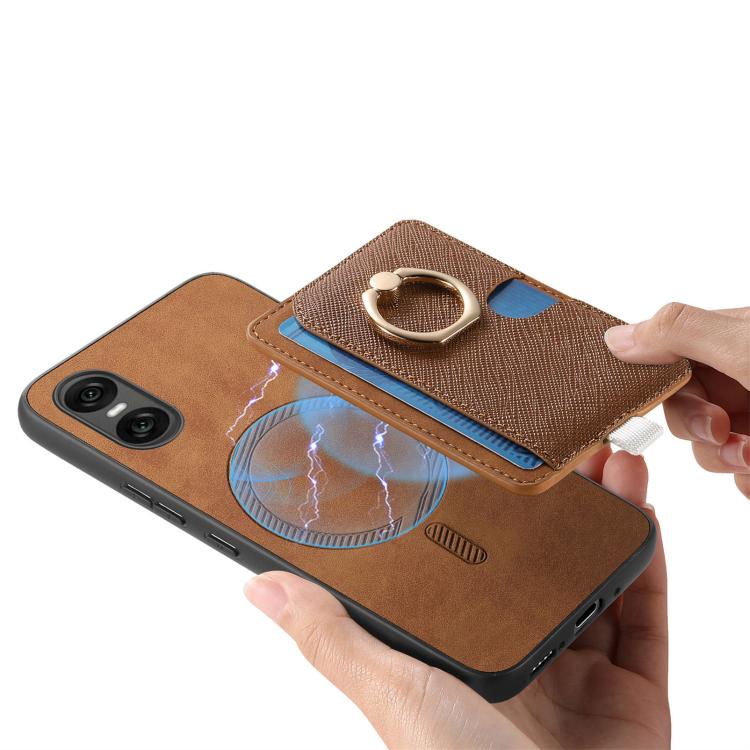 For Sony Xperia 5 V Retro Cross Leather Ring Side Insert Card Bag MagSafe Phone Case