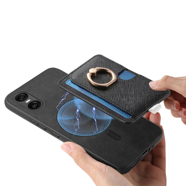 For Sony Xperia 5 V Retro Cross Leather Ring Side Insert Card Bag MagSafe Phone Case