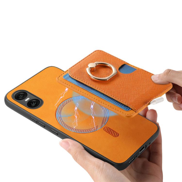 For Sony Xperia 10 V Retro Cross Leather Ring Side Insert Card Bag MagSafe Phone Case