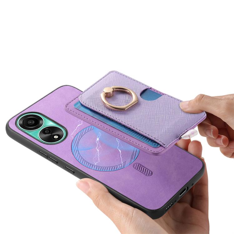 For OPPO Reno12 Global Retro Cross Leather Ring Side Insert Card Bag MagSafe Phone Case