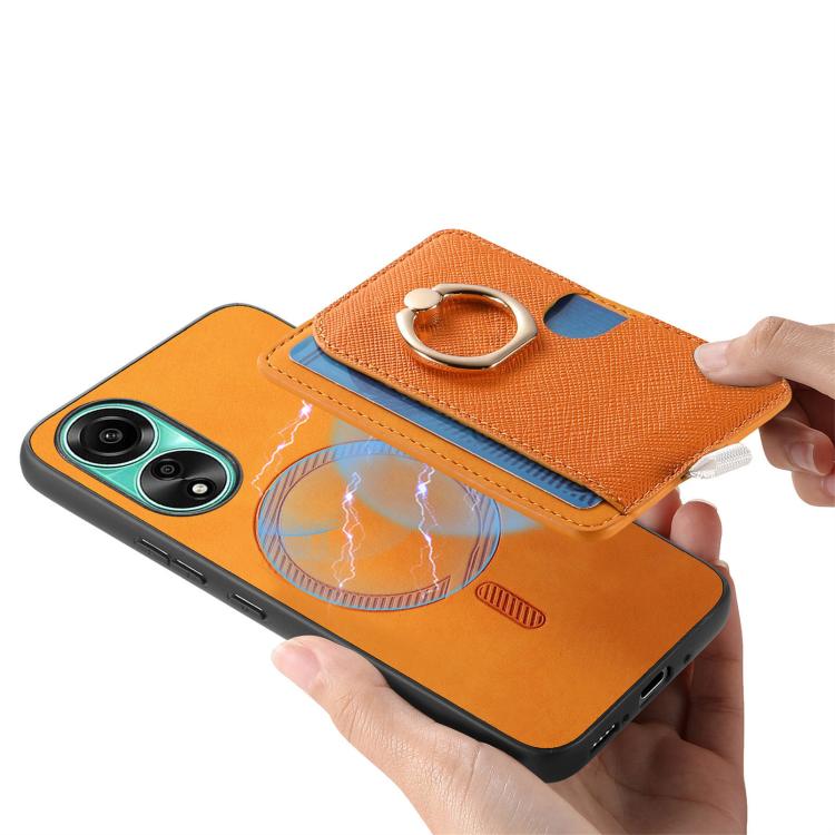 For OPPO A58 4G Retro Cross Leather Ring Side Insert Card Bag MagSafe Phone Case