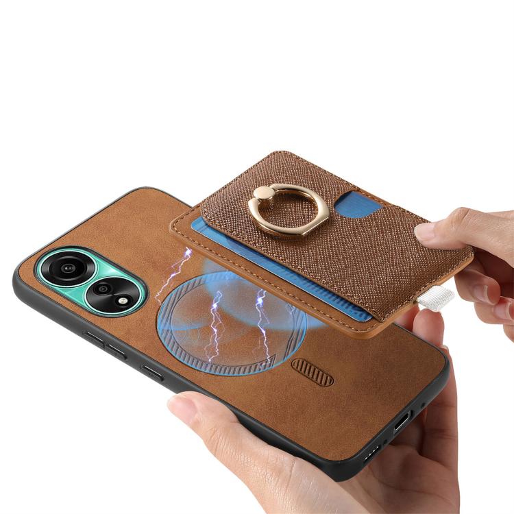 For OPPO A58 4G Retro Cross Leather Ring Side Insert Card Bag MagSafe Phone Case