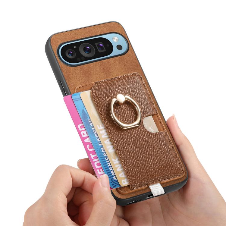 For Google Pixel 8a Retro Cross Leather Ring Side Insert Card Bag MagSafe Phone Case