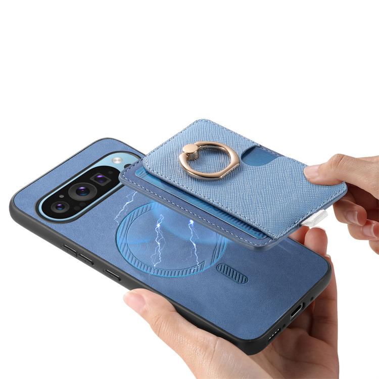 For Google Pixel 8 Pro Retro Cross Leather Ring Side Insert Card Bag MagSafe Phone Case