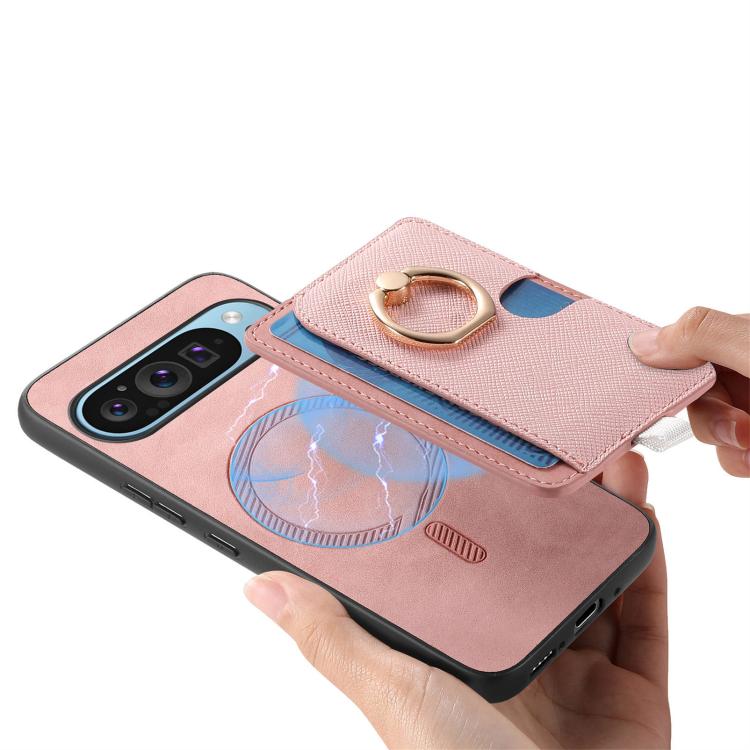 For Google Pixel 8 Pro Retro Cross Leather Ring Side Insert Card Bag MagSafe Phone Case