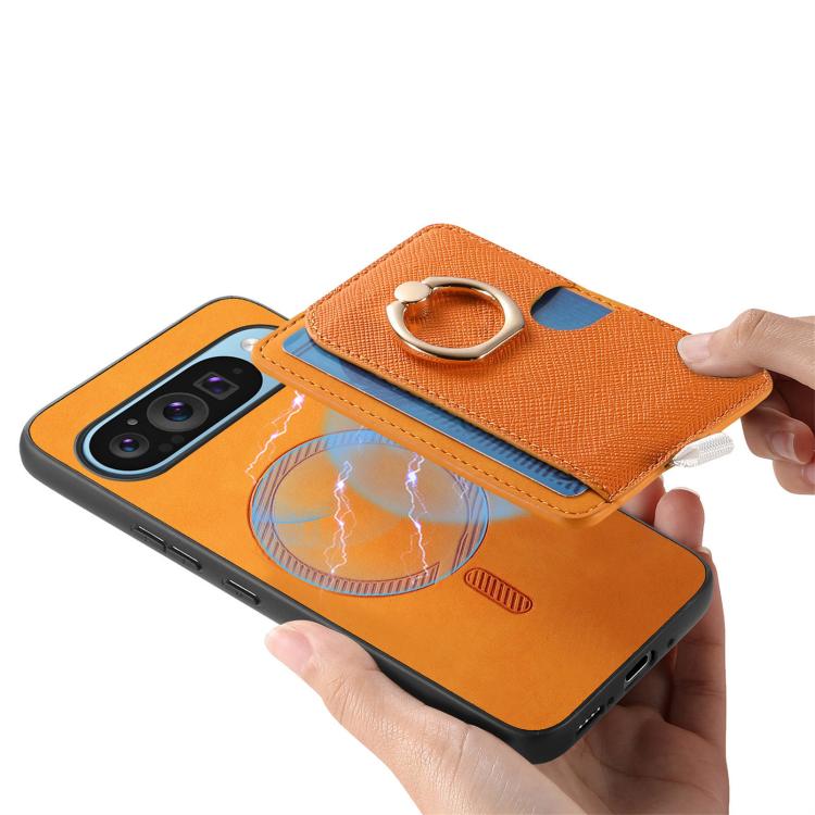 For Google Pixel 8 Retro Cross Leather Ring Side Insert Card Bag MagSafe Phone Case