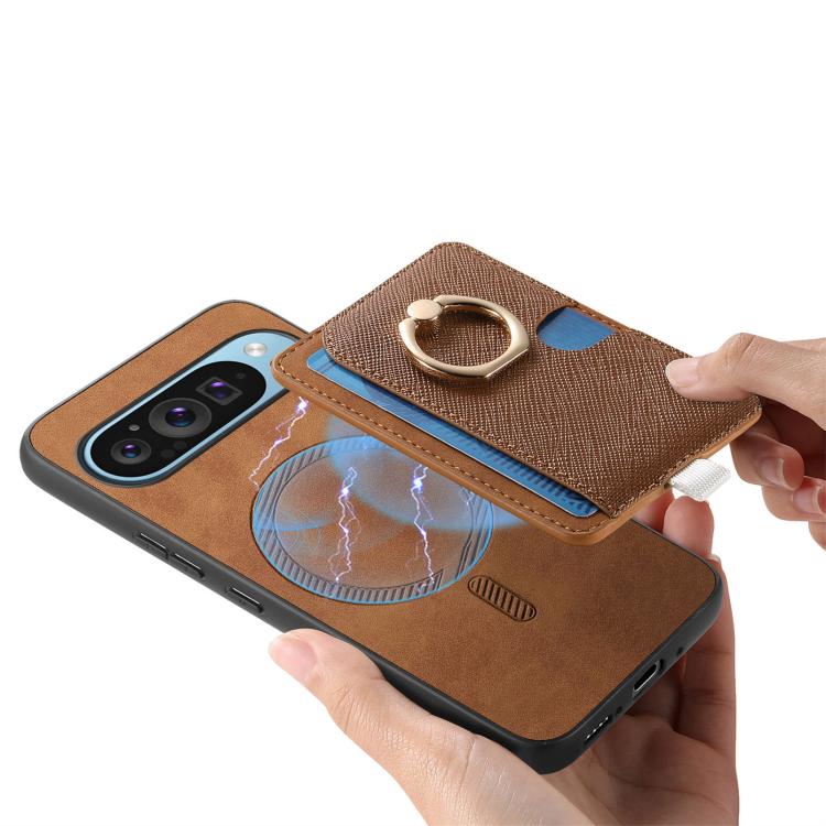 For Google Pixel 8 Retro Cross Leather Ring Side Insert Card Bag MagSafe Phone Case