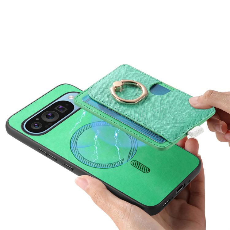 For Google Pixel 7 Retro Cross Leather Ring Side Insert Card Bag MagSafe Phone Case