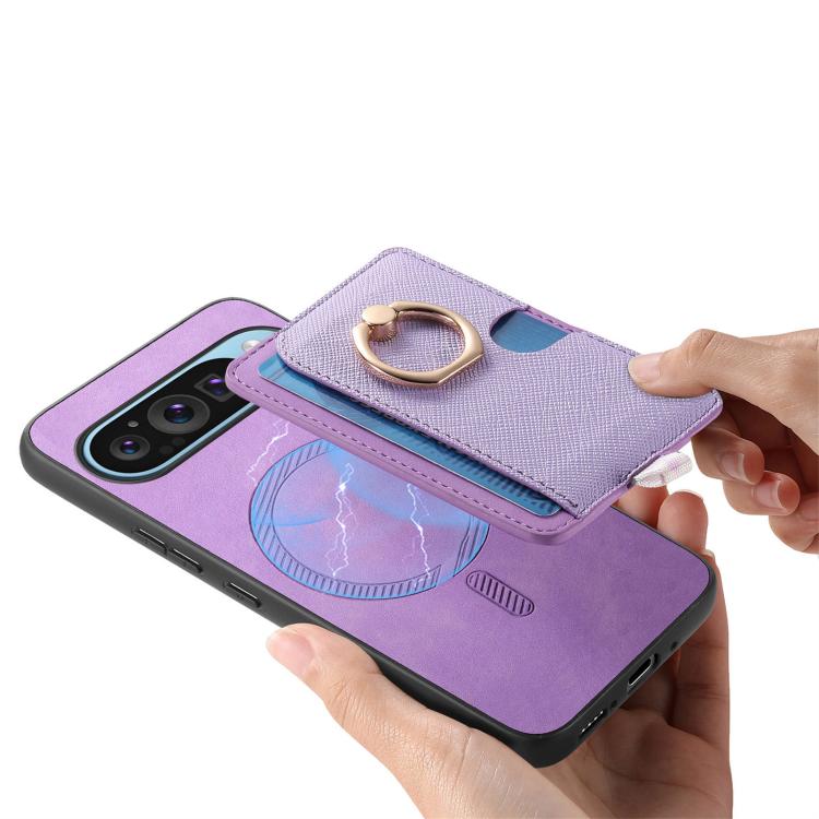 For Google Pixel 9 / 9 Pro Retro Cross Leather Ring Side Insert Card Bag MagSafe Phone Case