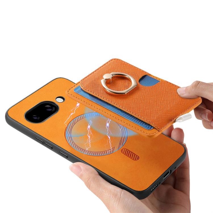 For Google Pixel 9a Retro Cross Leather Ring Side Insert Card Bag MagSafe Phone Case