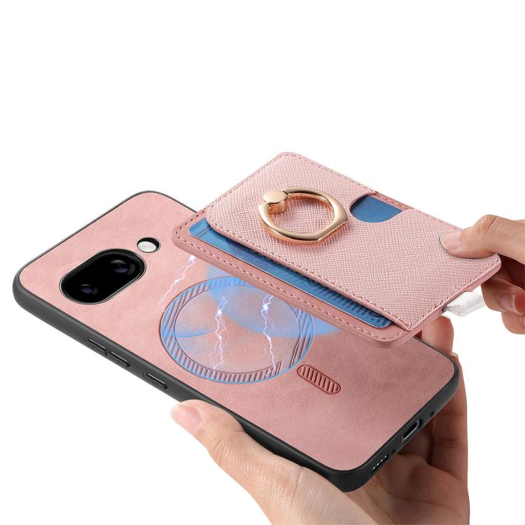 For Google Pixel 9a Retro Cross Leather Ring Side Insert Card Bag MagSafe Phone Case