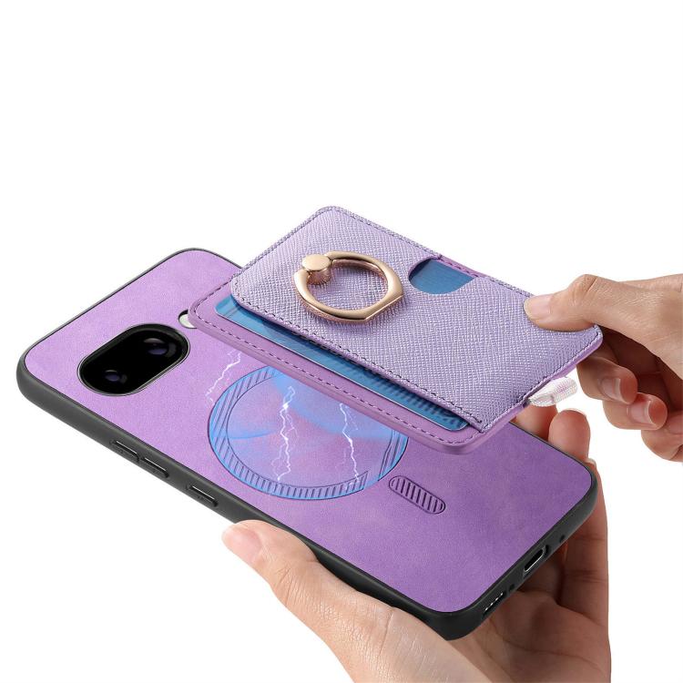 For Google Pixel 9a Retro Cross Leather Ring Side Insert Card Bag MagSafe Phone Case