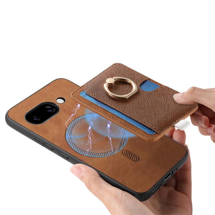 For Google Pixel 9a Retro Cross Leather Ring Side Insert Card Bag MagSafe Phone Case