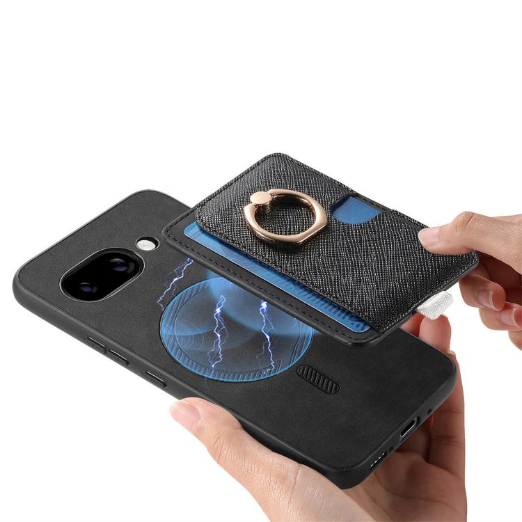 For Google Pixel 9a Retro Cross Leather Ring Side Insert Card Bag MagSafe Phone Case