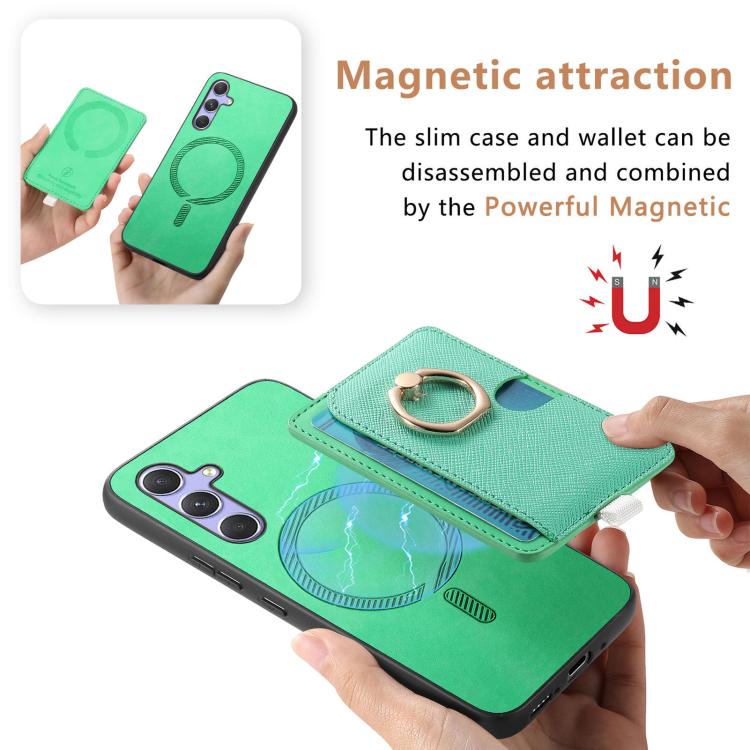 For Samsung Galaxy A15 Retro Cross Leather Ring Side Insert Card Bag MagSafe Phone Case