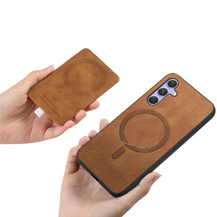 For Samsung Galaxy A15 Retro Cross Leather Ring Side Insert Card Bag MagSafe Phone Case