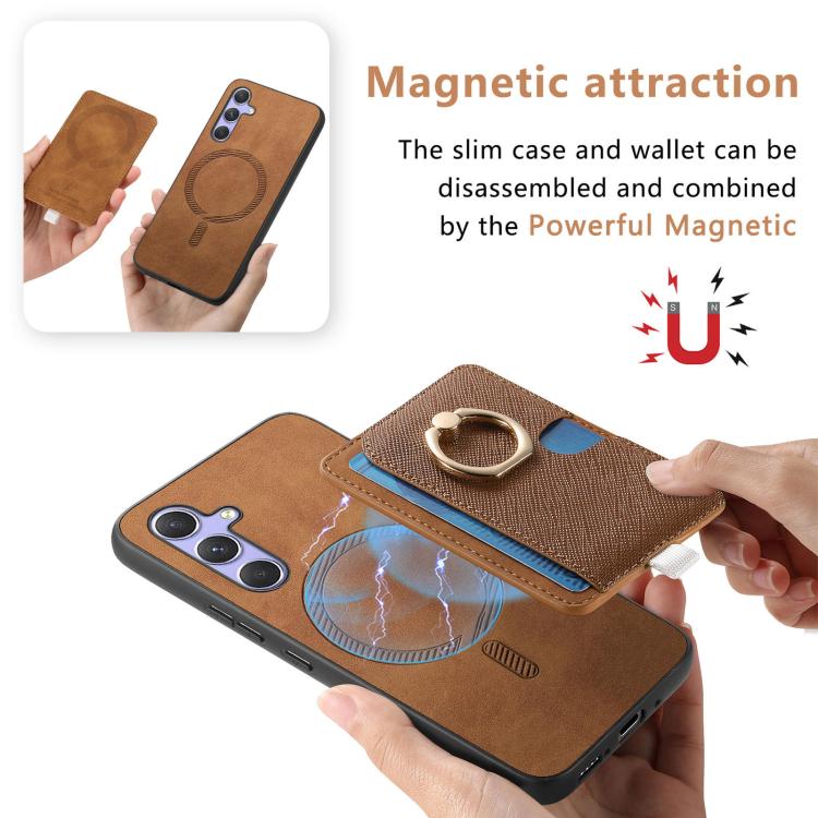 For Samsung Galaxy A15 Retro Cross Leather Ring Side Insert Card Bag MagSafe Phone Case