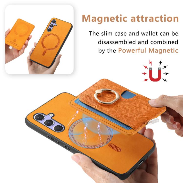 For Samsung Galaxy S23+ 5G Retro Cross Leather Ring Side Insert Card Bag MagSafe Phone Case