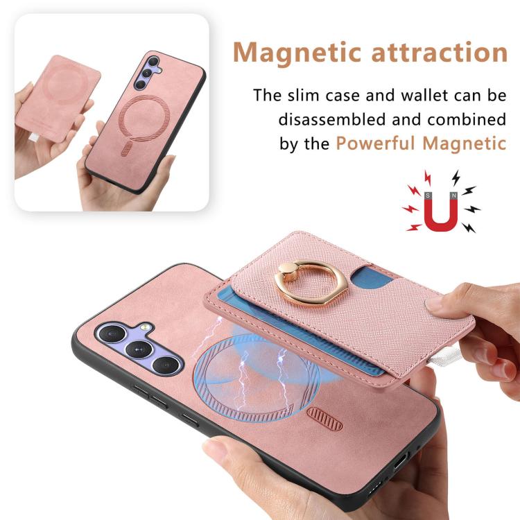 For Samsung Galaxy S23+ 5G Retro Cross Leather Ring Side Insert Card Bag MagSafe Phone Case