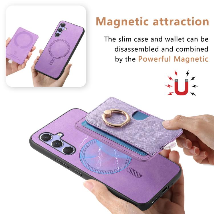 For Samsung Galaxy S23+ 5G Retro Cross Leather Ring Side Insert Card Bag MagSafe Phone Case